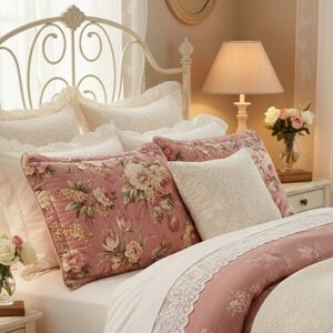 Thomasville Pair Pillow Shams Pink Cabbage Rose Floral Shabby Chic Cottage Core